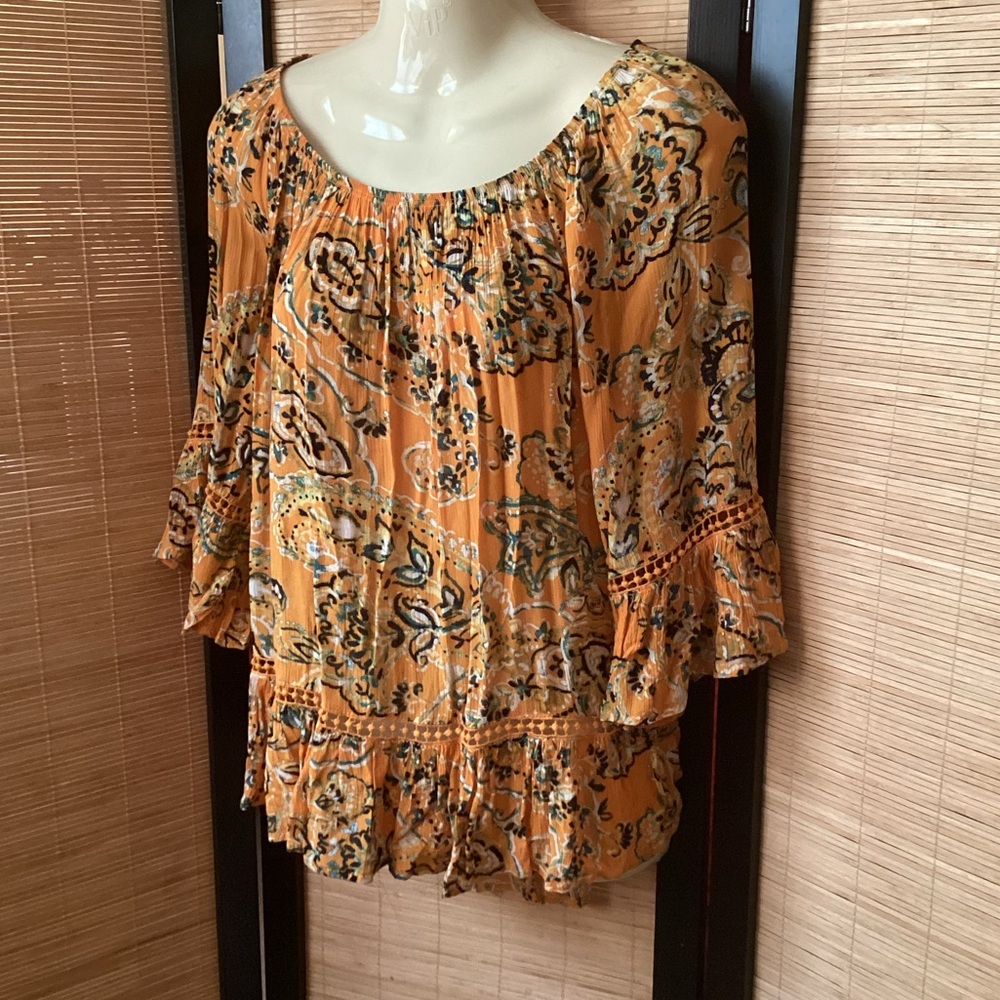💗 FEVER Paisley Women's Top Sz S crochet accents boho yellow orange - Picture 2 of 8